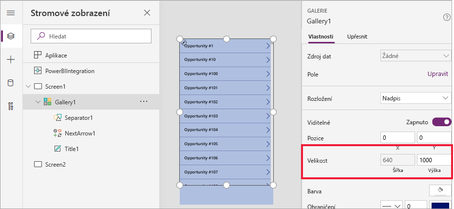 Snímek obrazovky znázorňující, jak změnit rozměry galerie