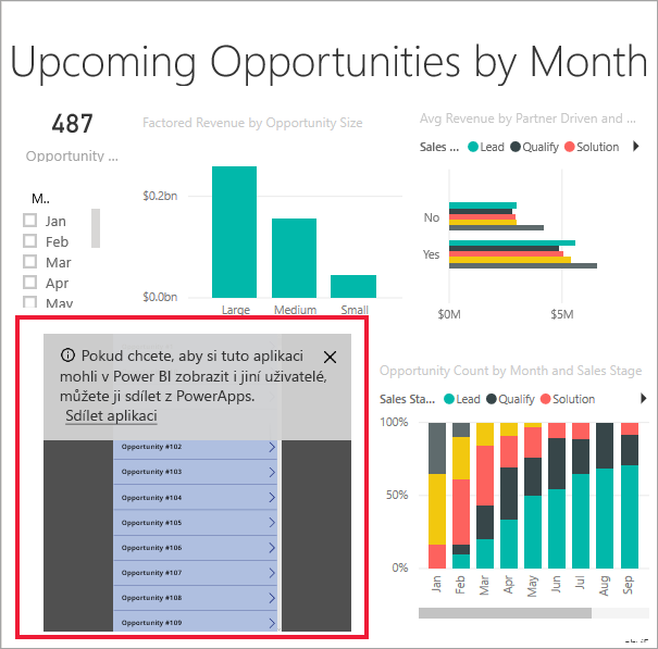 Snímek obrazovky znázorňující vizuál Power Apps v sestavě Power BI