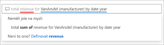 Snímek obrazovky pole otázky Q&A s navrhovanými termíny z sémantického modelu podtrženého modře a odpovídajícími navrhovanými otázkami z Power BI