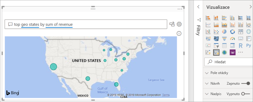 Snímek obrazovky znázorňující mapu vizuálu Q&A vytvořenou Power BI pro zobrazení dat
