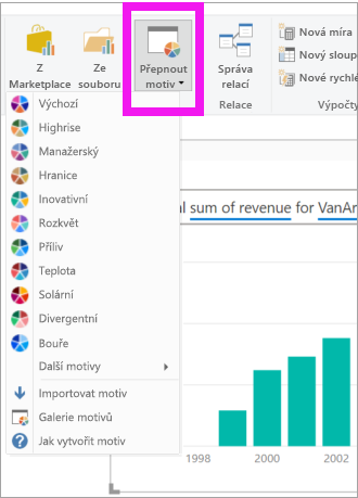 Snímek obrazovky, který ukazuje, jak v Power BI Desktopu vybrat rozevírací nabídku Motivy