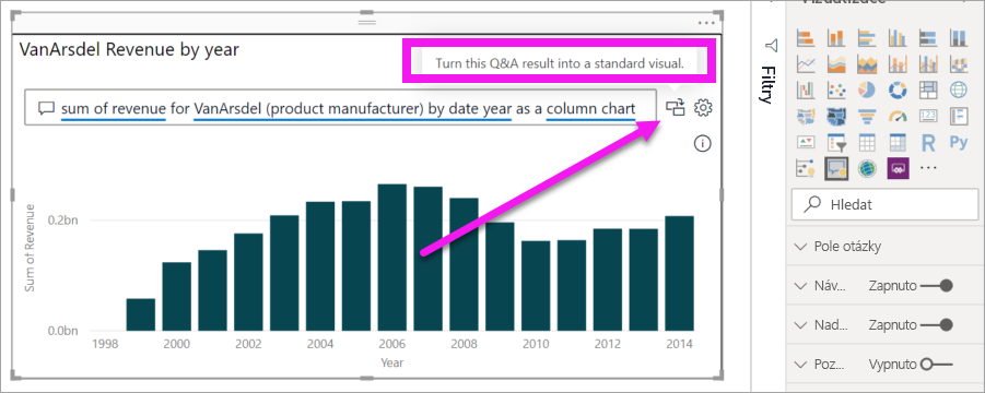 Snímek obrazovky znázorňující, jak převést vizuál Q&A na standardní vizuál