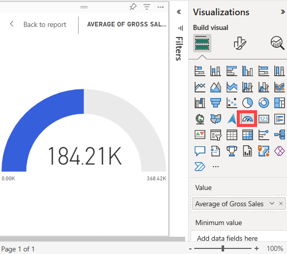 Snímek obrazovky s grafem počátečního měřidla v Power BI, který zobrazuje průměr hrubého prodeje jako hodnotu měřidla