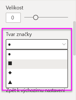 Snímek obrazovky s rozevíracím seznamem Typ obrazce zobrazující možnosti značek pro graf v Power BI
