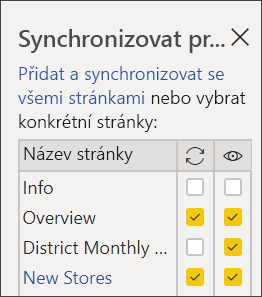 Snímek obrazovky s výběrem stránek v průřezech synchronizace