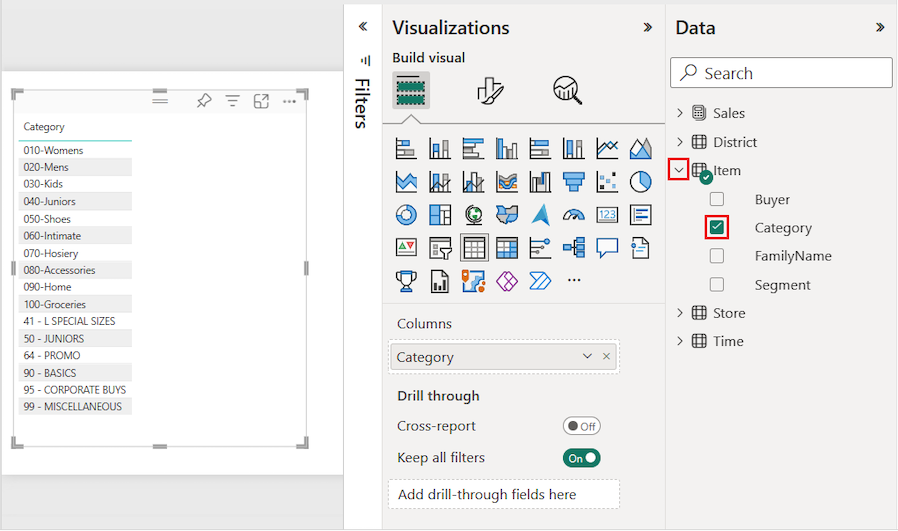 Snímek obrazovky znázorňující zaškrtnuté políčko Kategorie a výchozí vizuál tabulky vytvořený v Power BI