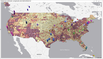 Snímek obrazovky s vizuálem Azure Maps pro Power BI