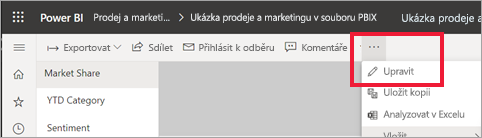 Snímek obrazovky zobrazující řádek nabídek s možností Upravit