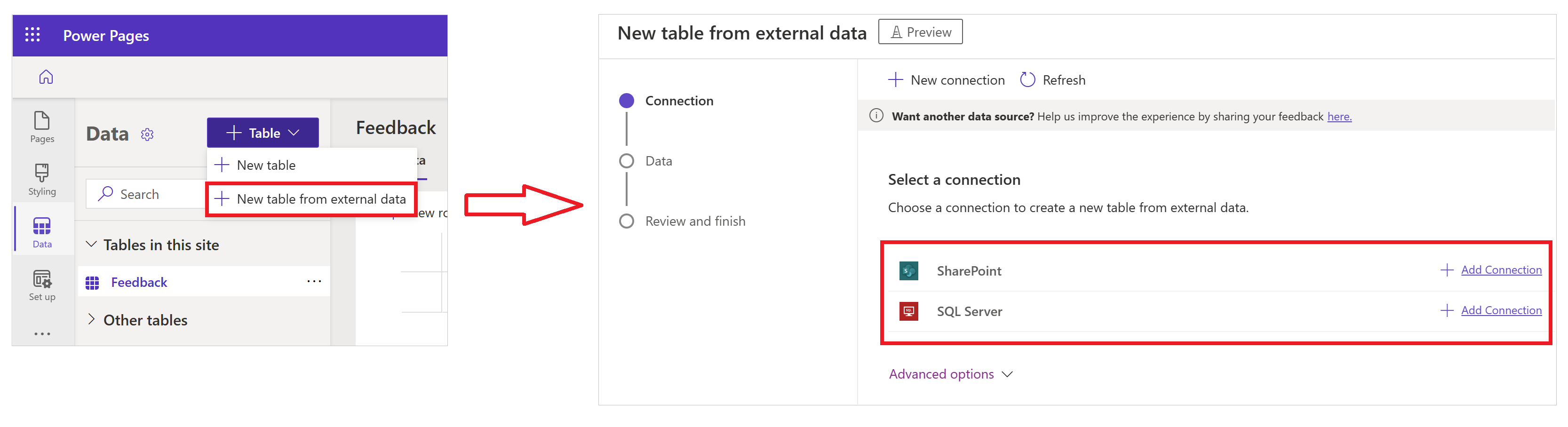 Vytvoření virtuální tabulky pomocí Power Pages design studia z pracovního prostoru Data