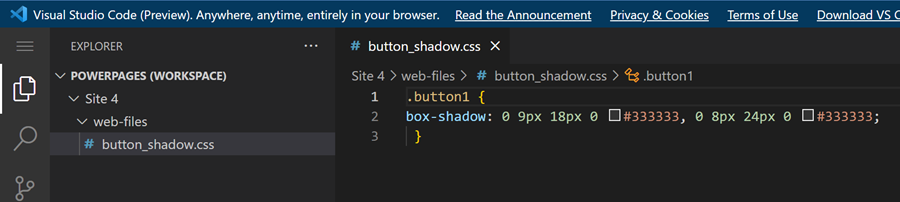 Úprava souboru CSS v editoru Visual Studio Code for the Web.