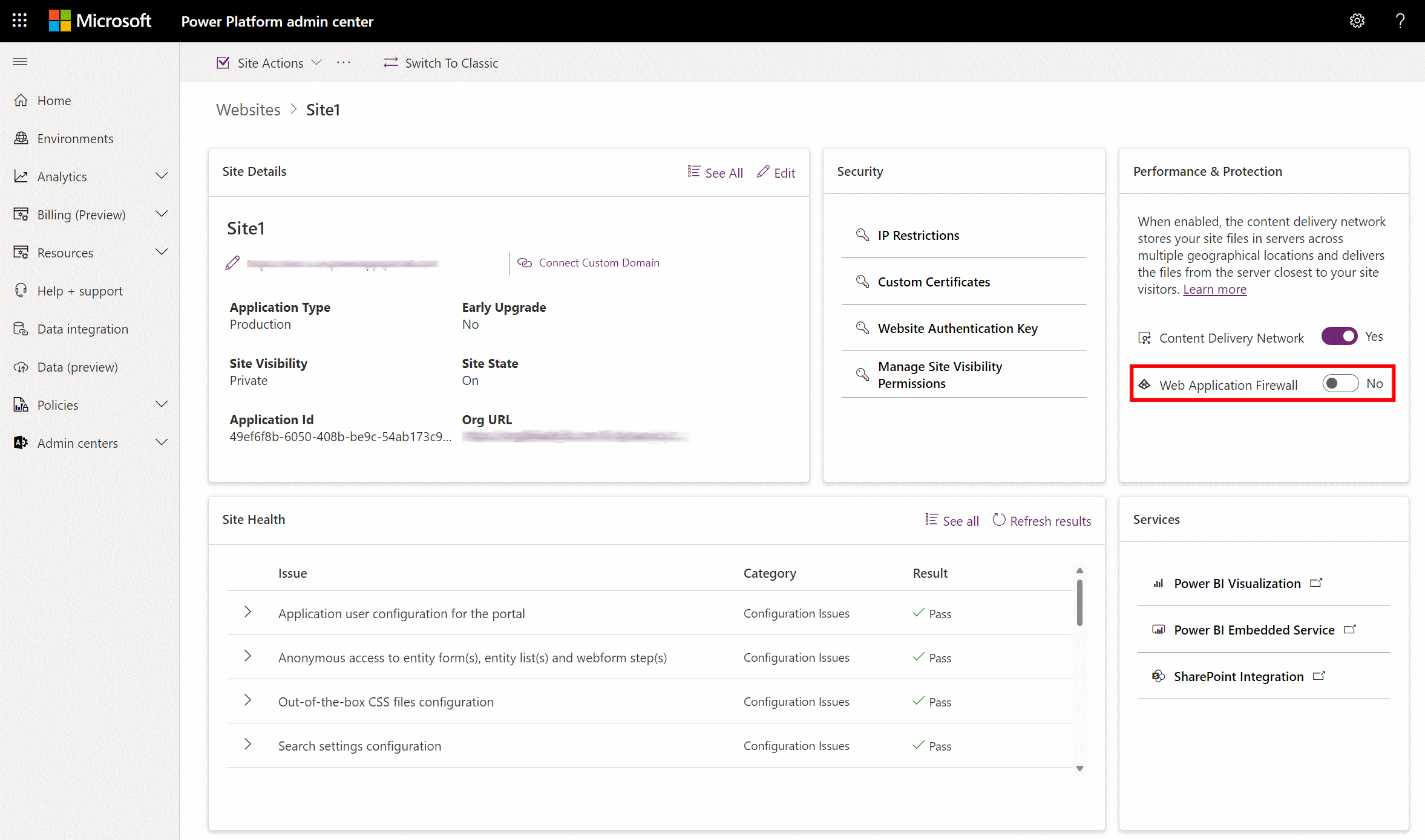 Přepínač Povolit službu Web Application Firewall je v návrhovém studiu deaktivován.