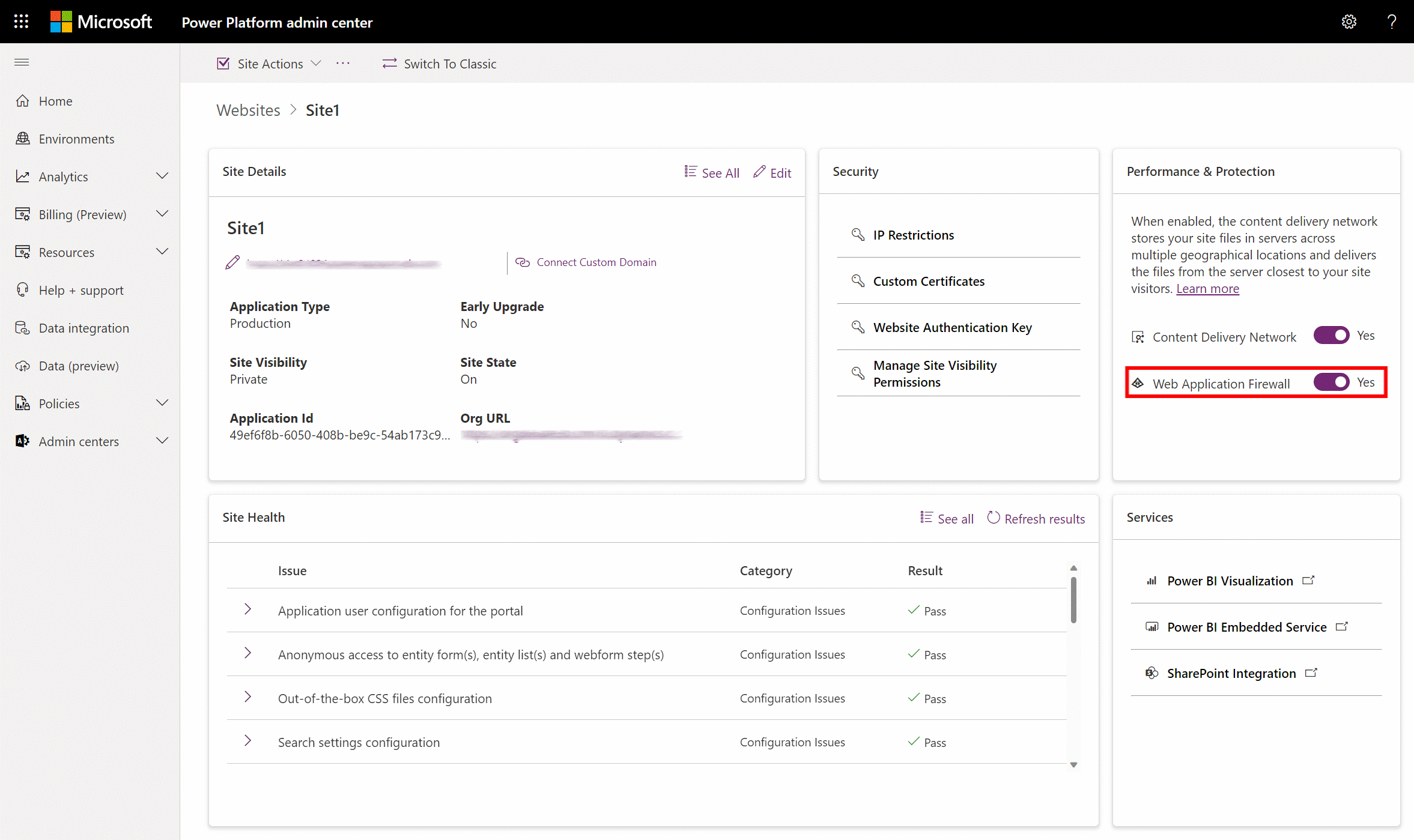 Karta Výkon a ochrana v návrhovém studiu se zapnutým přepínačem Povolit službu Web Application Firewall.