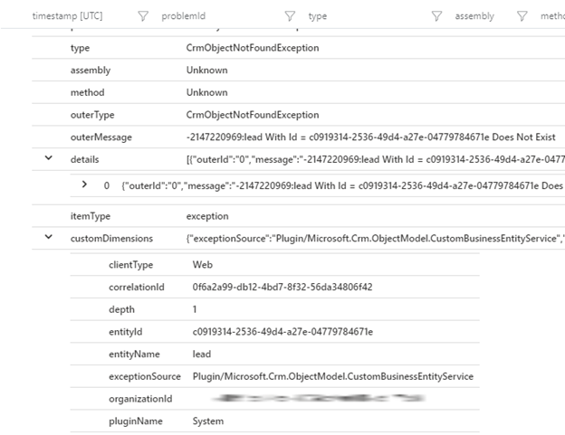 Podrobnosti atributu tabulky výjimek Application Insights.