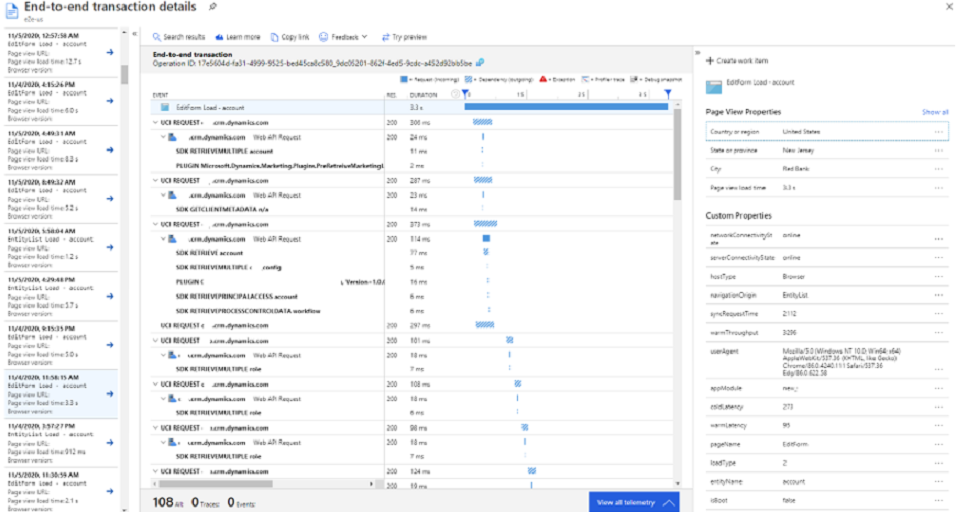 Podrobnosti kompletní transakce výkonu Application Insights.