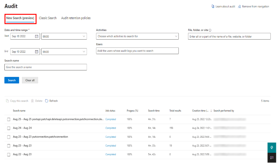 Snímek obrazovky auditu na portálu Microsoft Purview compliance.