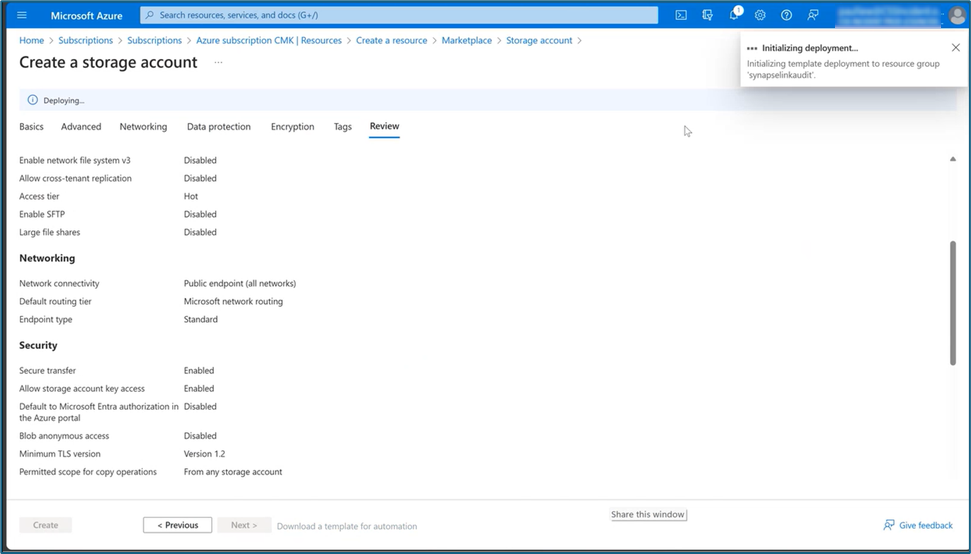 Vytvoření účtu úložiště Azure Storage.