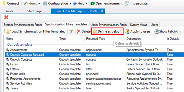 Screenshot zobrazující vybranou možnost Moje aktualizované kontakty aplikace Outlook a na panelu příkazů zvýrazněný příkaz Definovat jako výchozí.