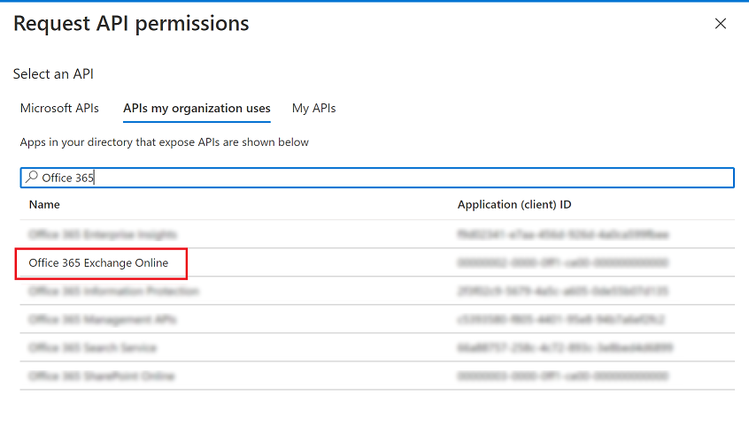 Screenshot rozhraní Office 365 Exchange Online API.