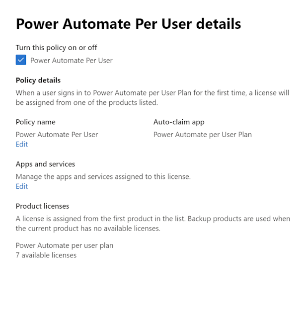 Snímek obrazovky konfigurace zásad automatického nárokování pro Power Automate.