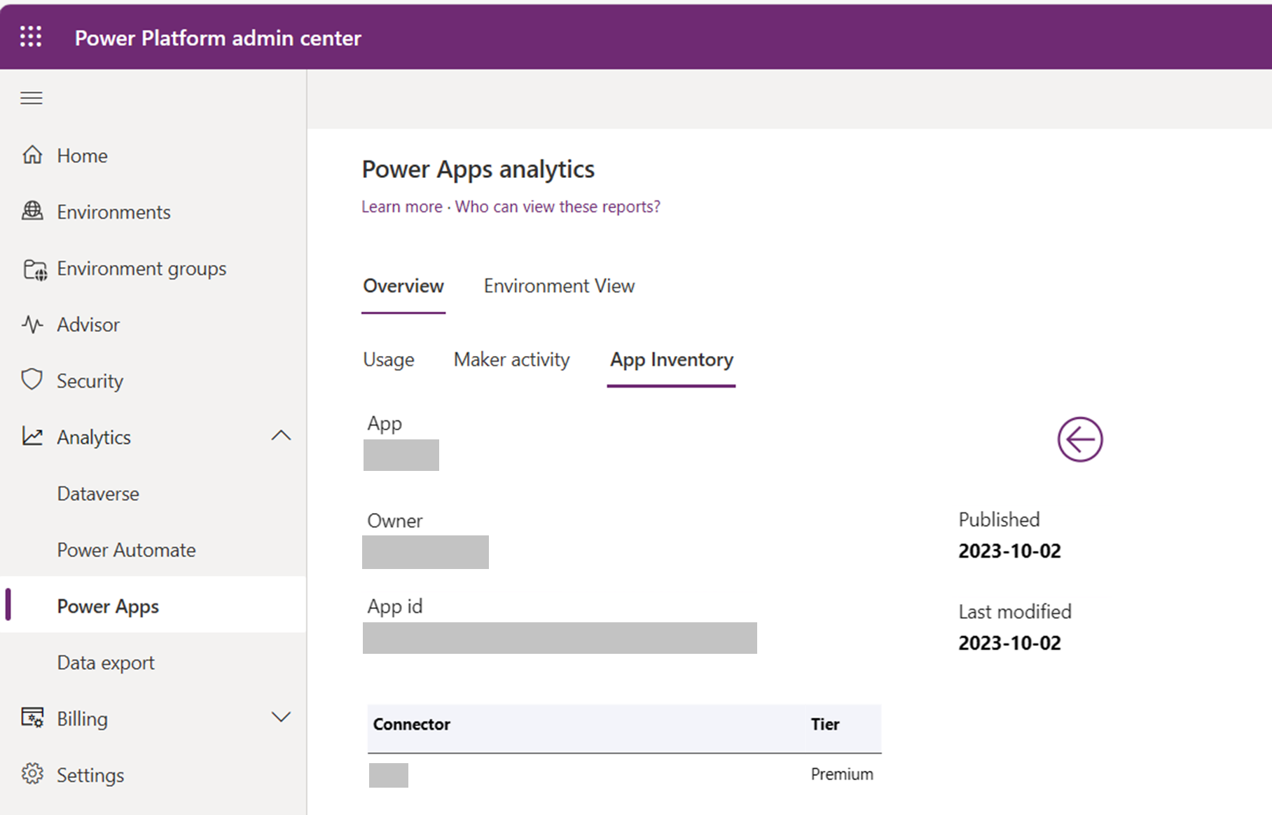 Snímek obrazovky s podrobnostmi o konektorech v Power Apps přehledu inventáře