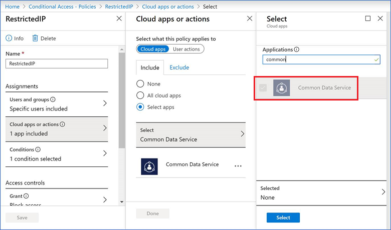 Omezená IP adresa pro cloudovou aplikaci Dataverse.