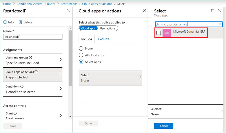 Omezená IP adresa pro cloudovou aplikaci Microsoft Dynamics ERP.