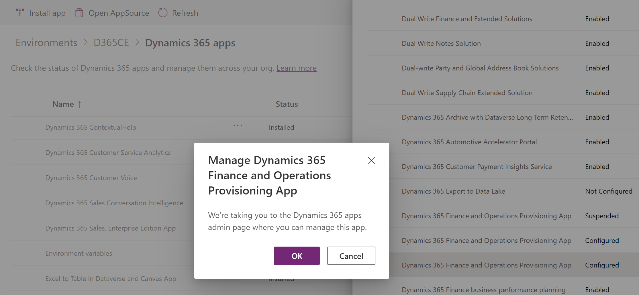 Snímek obrazovky, kde je k instalaci vybrána položka pro aplikaci Dynamics 365 Finance and Operations Provisioning, která má stav Nakonfigurováno.