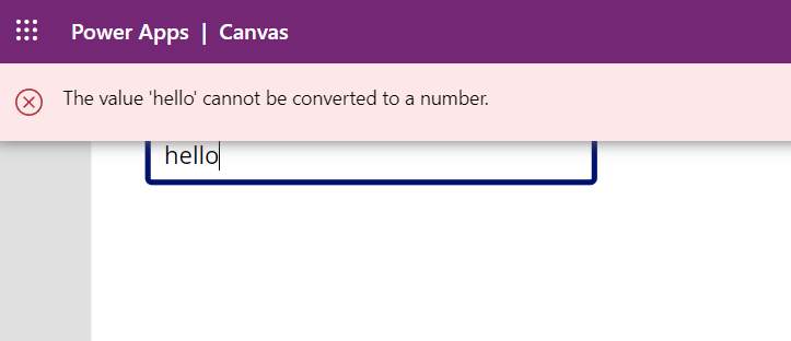 Nezobrazí se žádná hodnota a zobrazí se chybový banner pro nemožnost převést „hello“ na číslo