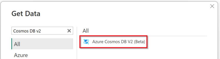 Snímek obrazovky znázorňující výběr výběru služby Azure Cosmos DB v2