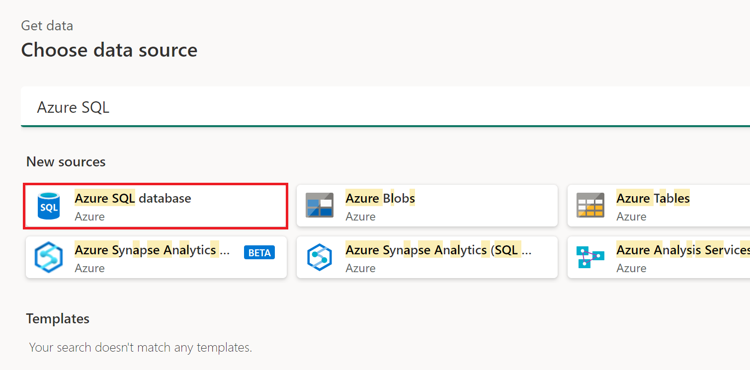 Snímek obrazovky s oknem získat data se zvýrazněnou databází Azure SQL