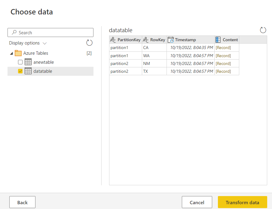 Snímek obrazovky s oknem Výběr dat ve službě Azure Table Storage v Power Query online