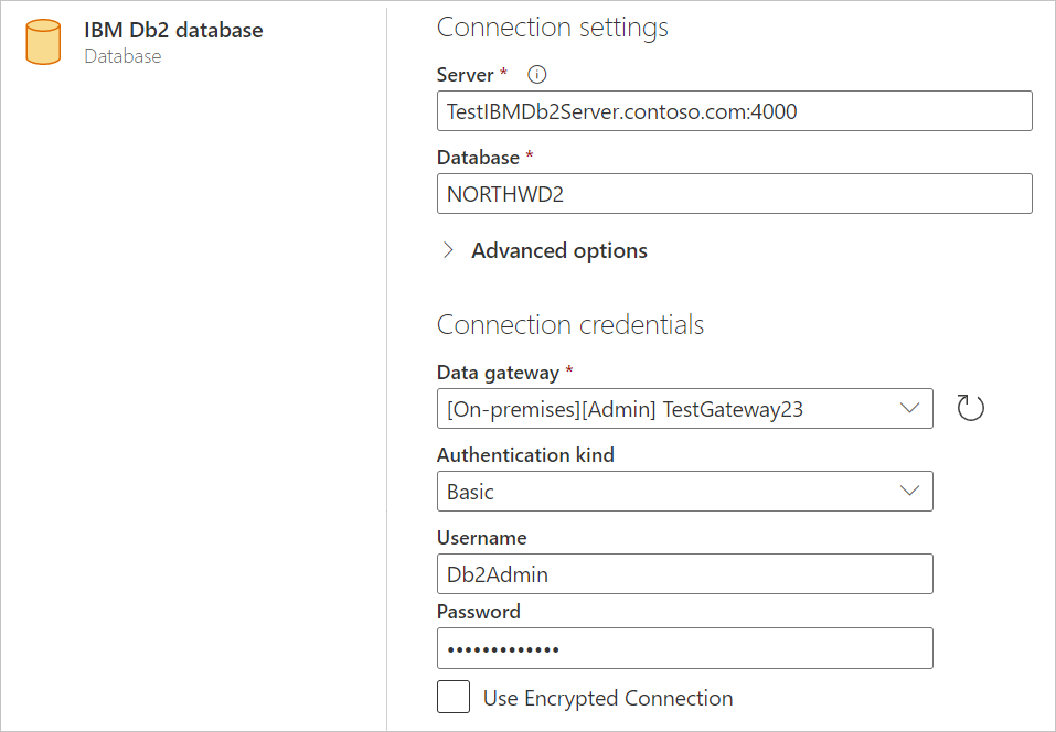 Zadejte online připojení databáze IBM Db2.