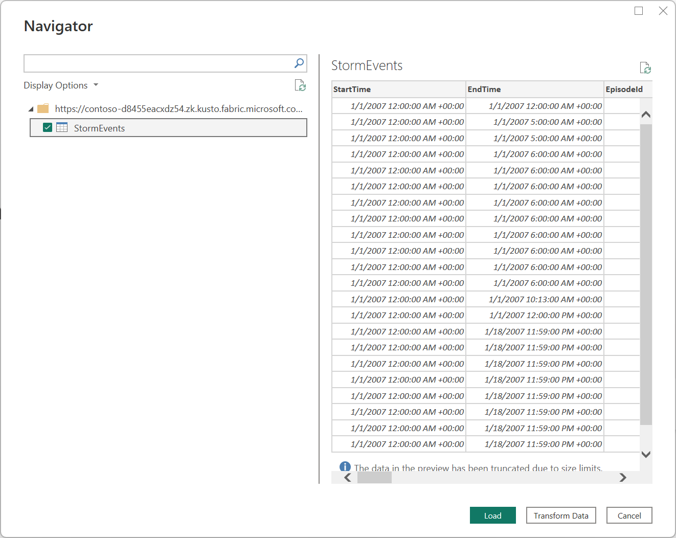 Screenshot of the Power Query navigator, with the storm events table selected.