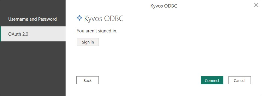 Snímek obrazovky OAuth2_0 zobrazující výběr konektoru ODBC Kyvos