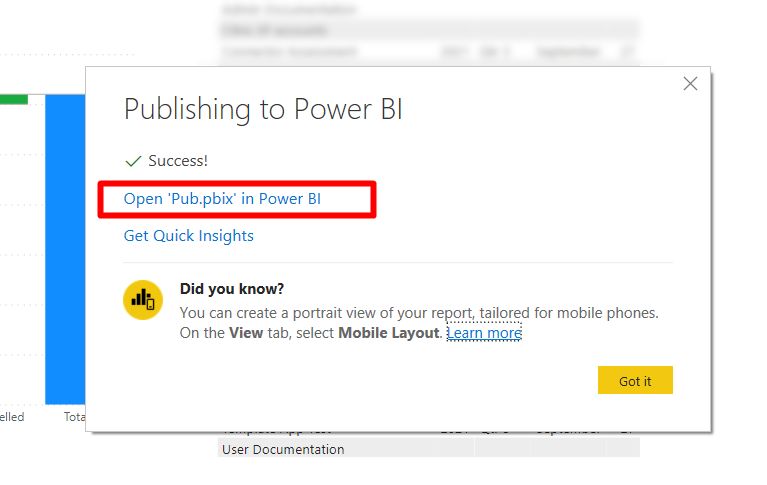 Snímek obrazovky s dialogovým oknem publikování do Power BI se zprávou o úspěchu a zvýrazněným odkazem