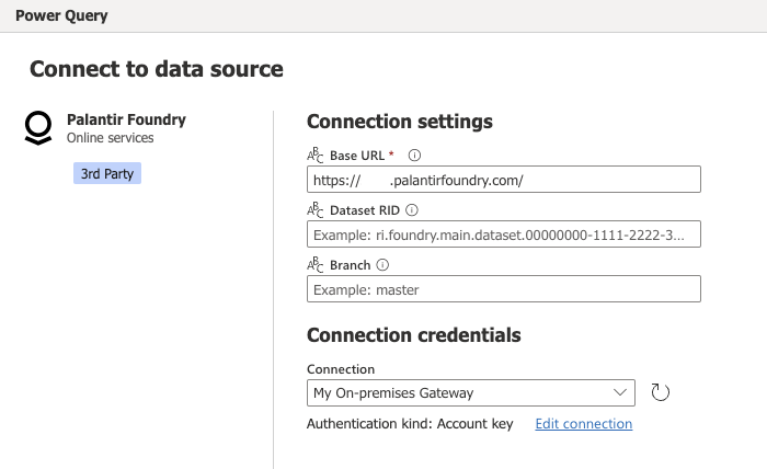 Snímek obrazovky s nastavením připojení Palantir Foundry v Power Query Online