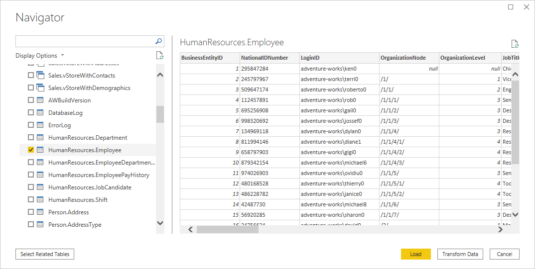 Navigátor Power Query Desktopu zobrazující data zaměstnanců lidských zdrojů v databázi PostgreSQL.