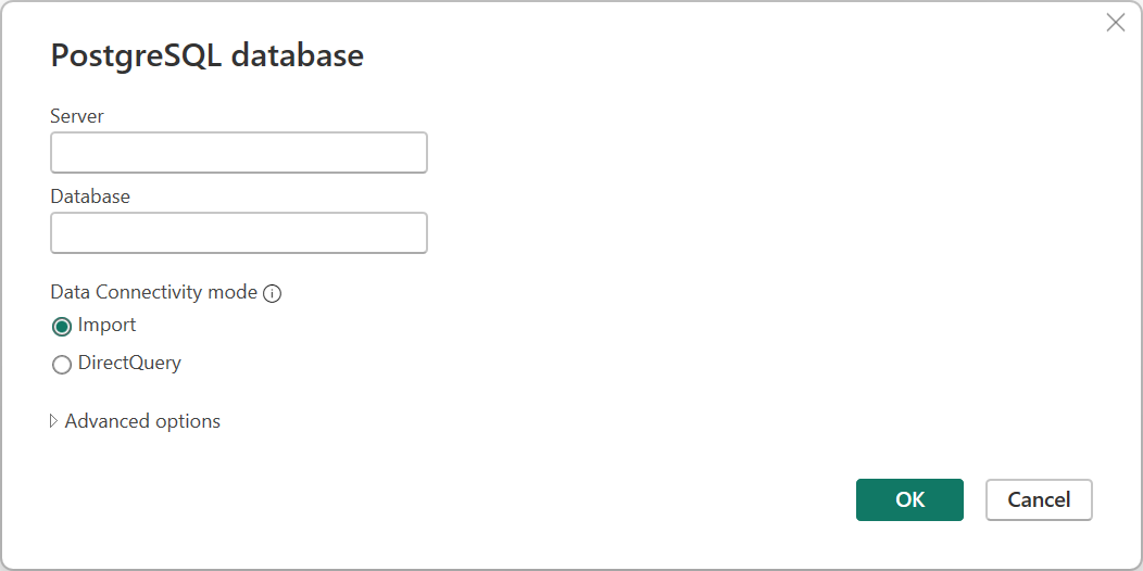 Konfigurátor připojení PostgreSQL v Power BI.