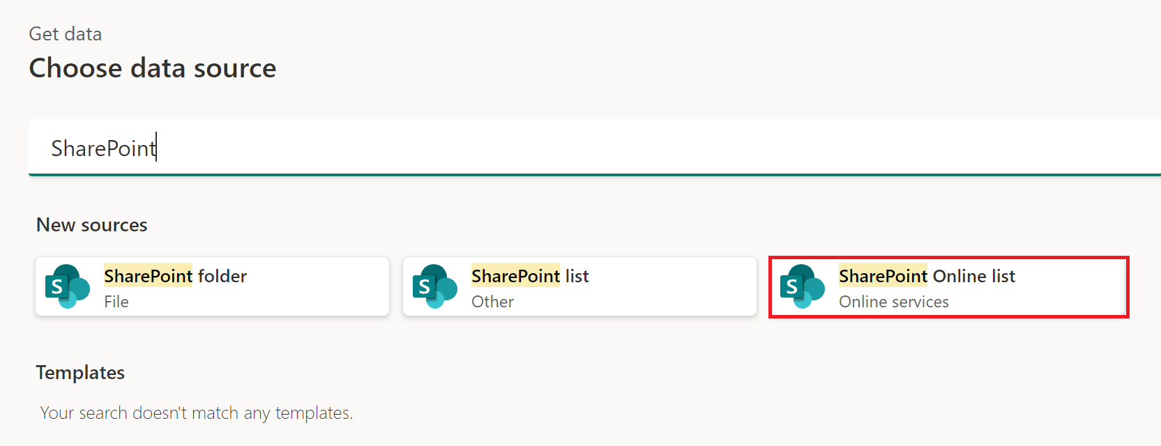 Snímek obrazovky okna „Získat data“ se seznamem SharePoint Online zvýrazněným.