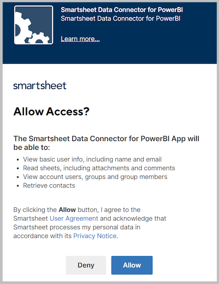 Snímek obrazovky s okny Povolit přístup, kde konektoru povolíte přístup k Smartsheetu