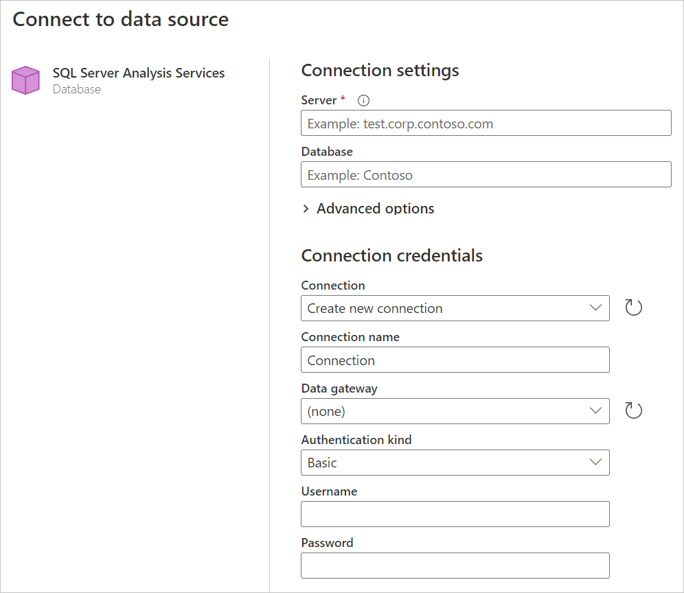 tvůrce připojení k databázi služby SQL Server Analysis Services v Power Query Online.