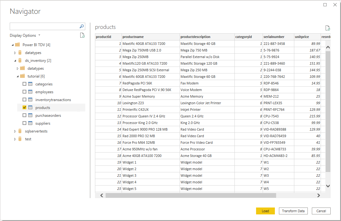 Power Query Desktop Navigator zobrazující data produktů v TDV