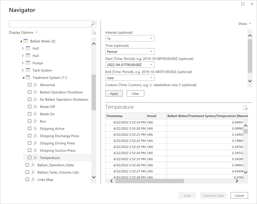 Volitelné vstupní parametry pro data Vessel Insight.