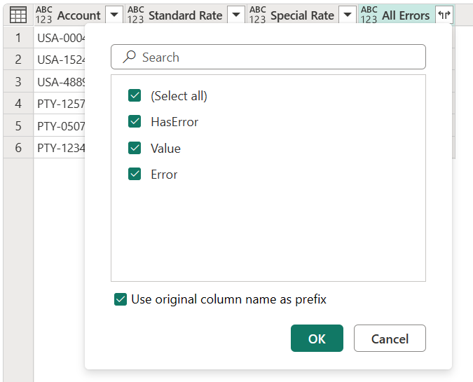 Snímek obrazovky se sloupcem Všechny chyby se zvýrazněnou ikonou rozbalení a vybranými poli HasError, Value a Error