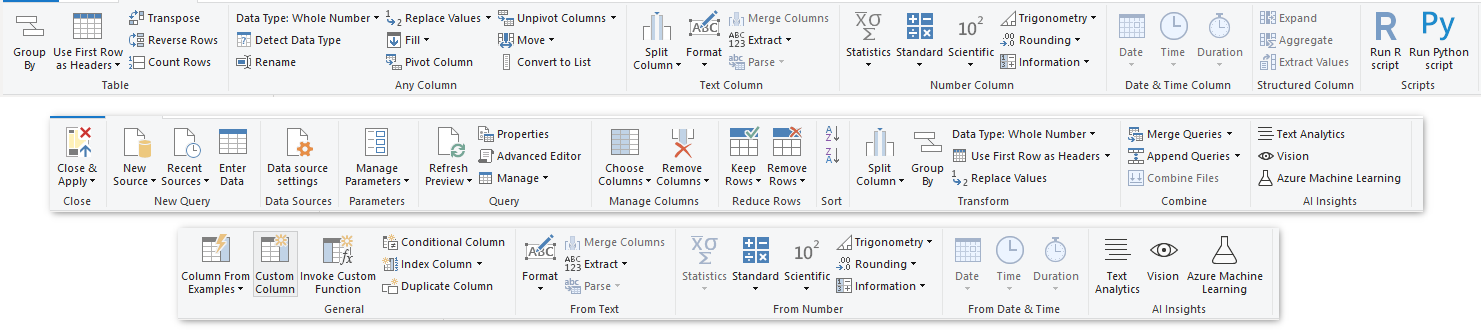 Obrázek znázorňující transformační příkazy na kartě Transformace, Domů a Přidat sloupec v Editor Power Query