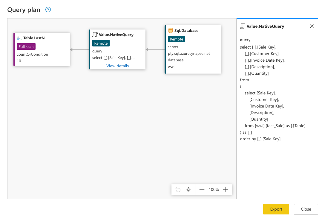 Příkaz SQL uvnitř Value.NativeQuery představující požadavek pro všechny záznamy, přičemž pouze požadovaná pole z tabulky fact_Sales v databázi seřazené vzestupně podle pole Klíč prodeje.