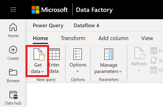 Snímek obrazovky s pracovním prostorem Power Query se zvýrazněnou možností Získat data