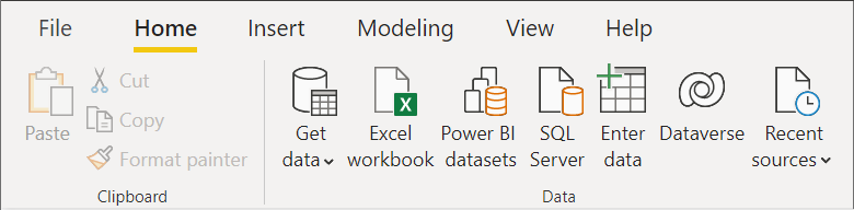 Snímek obrazovky s polem Data na pásu karet Domů v Power BI Desktopu