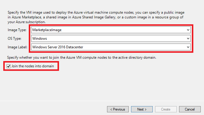 Screenshot shows the Specify V M image dialog. The drop down lists are highlighted. Join the nodes into domain is checked.