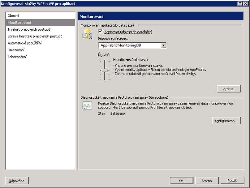 Konfigurace monitorování technologie AppFabric